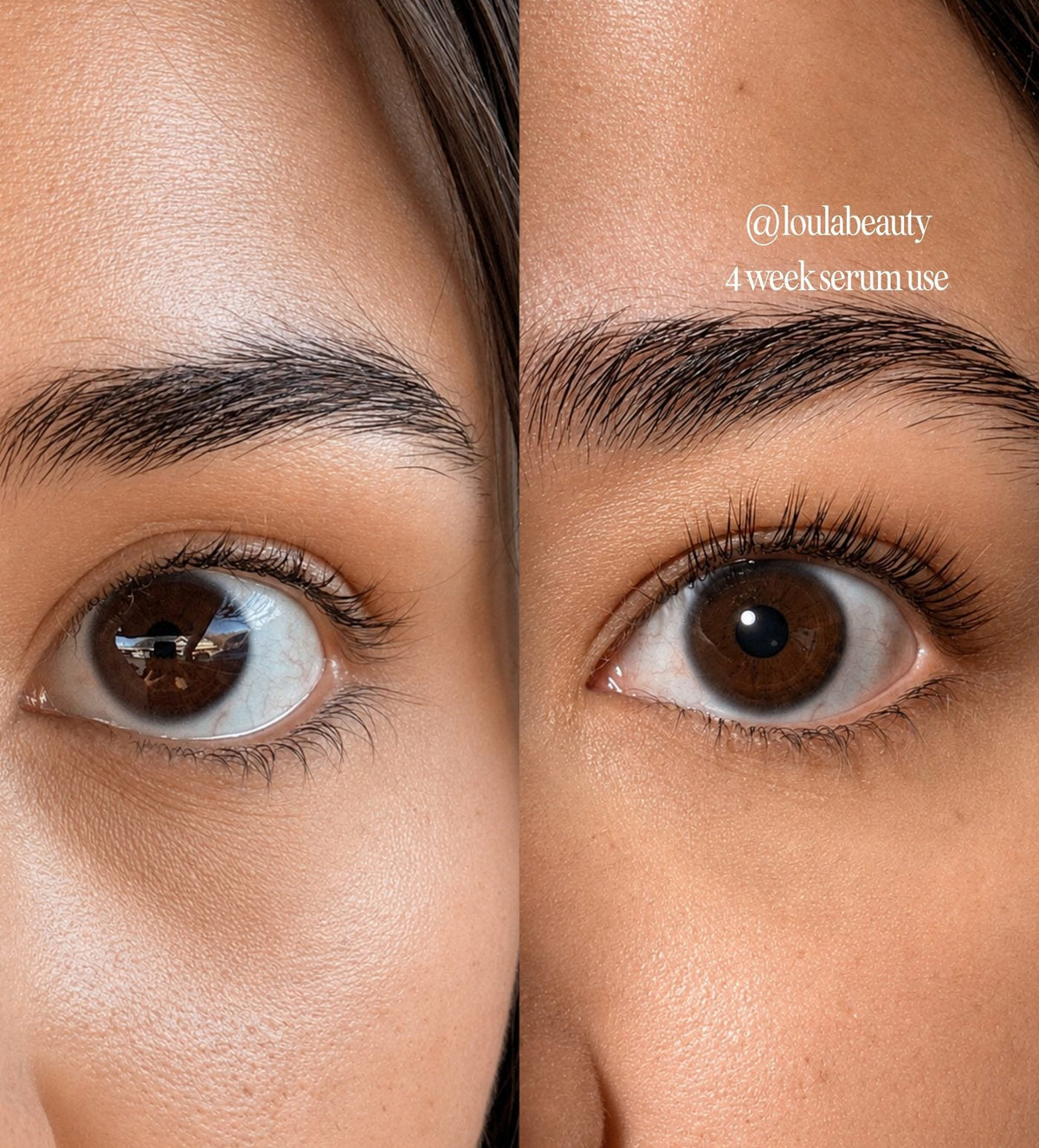 Light Heart lash and brow serum before and after, four weeks of nightly use