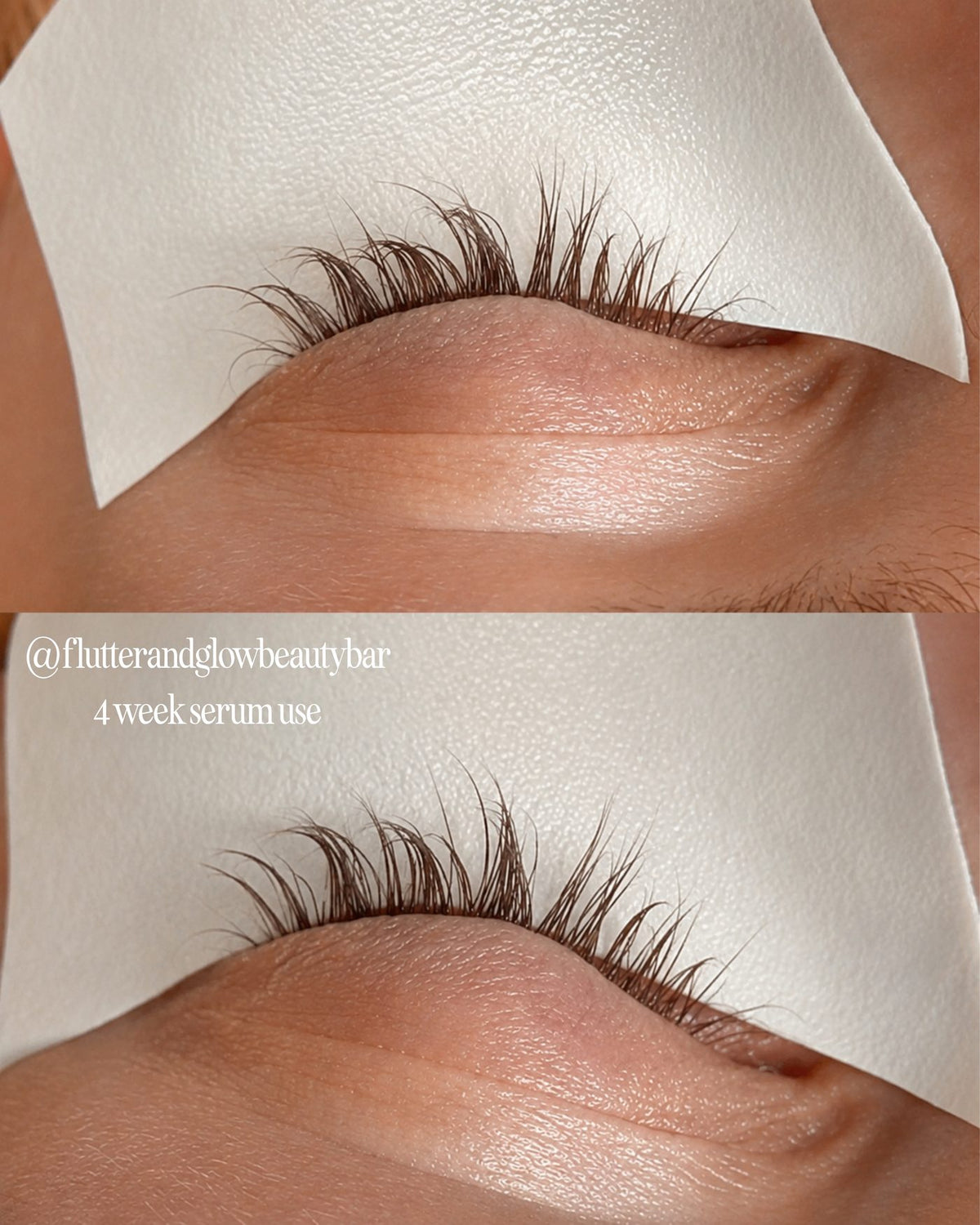 Light Heart lash serum used alongside lash extensions, four week before and after