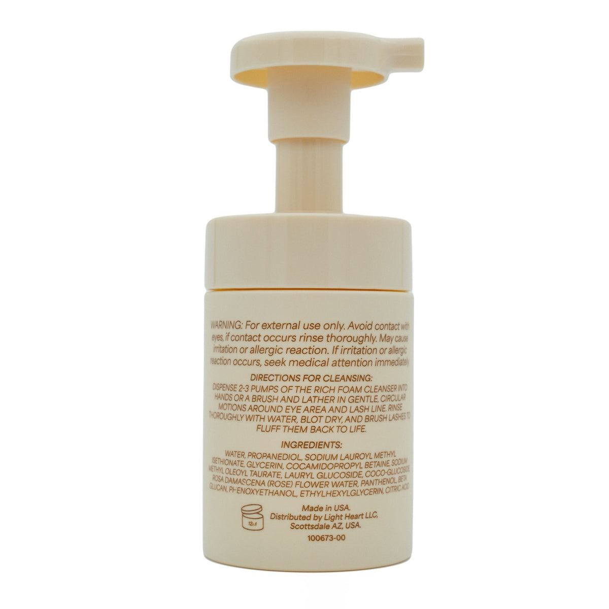 Light Heart Beauty Gentle Foaming Lash Cleanser bottle back view showing ingredients and directions for use