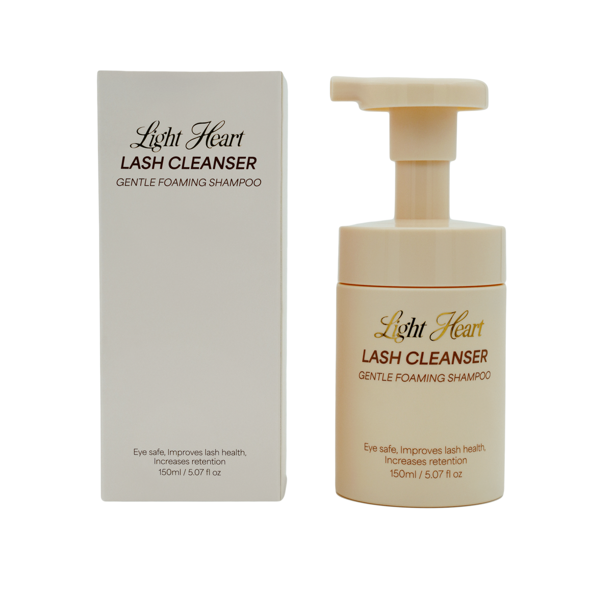 Light Heart Beauty Gentle Foaming Lash Cleanser bottle and box for oil-free makeup removal and lash extension care