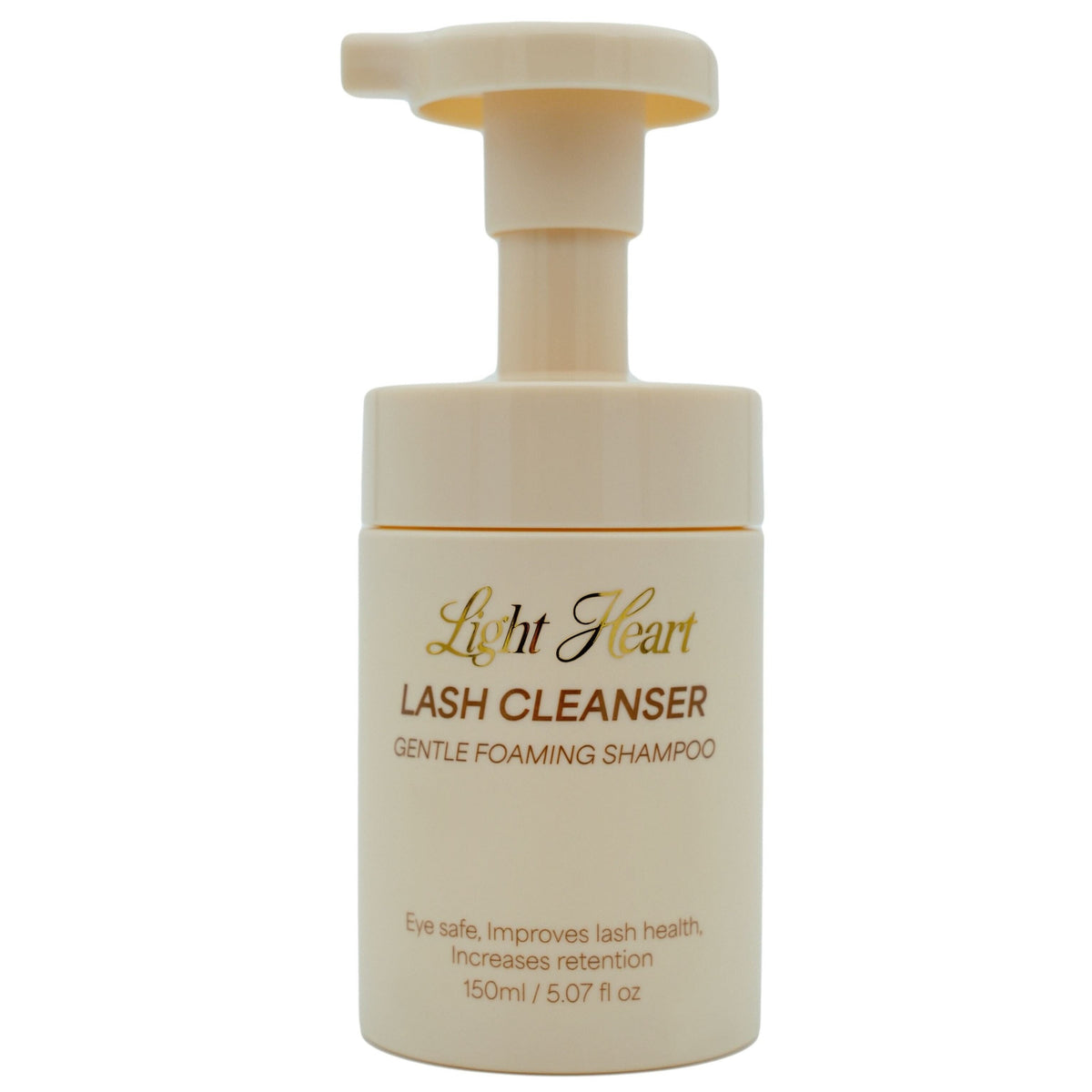 Light Heart Beauty Gentle Foaming Lash Cleanser in a beige pump bottle for eyelash extension care and makeup removal.